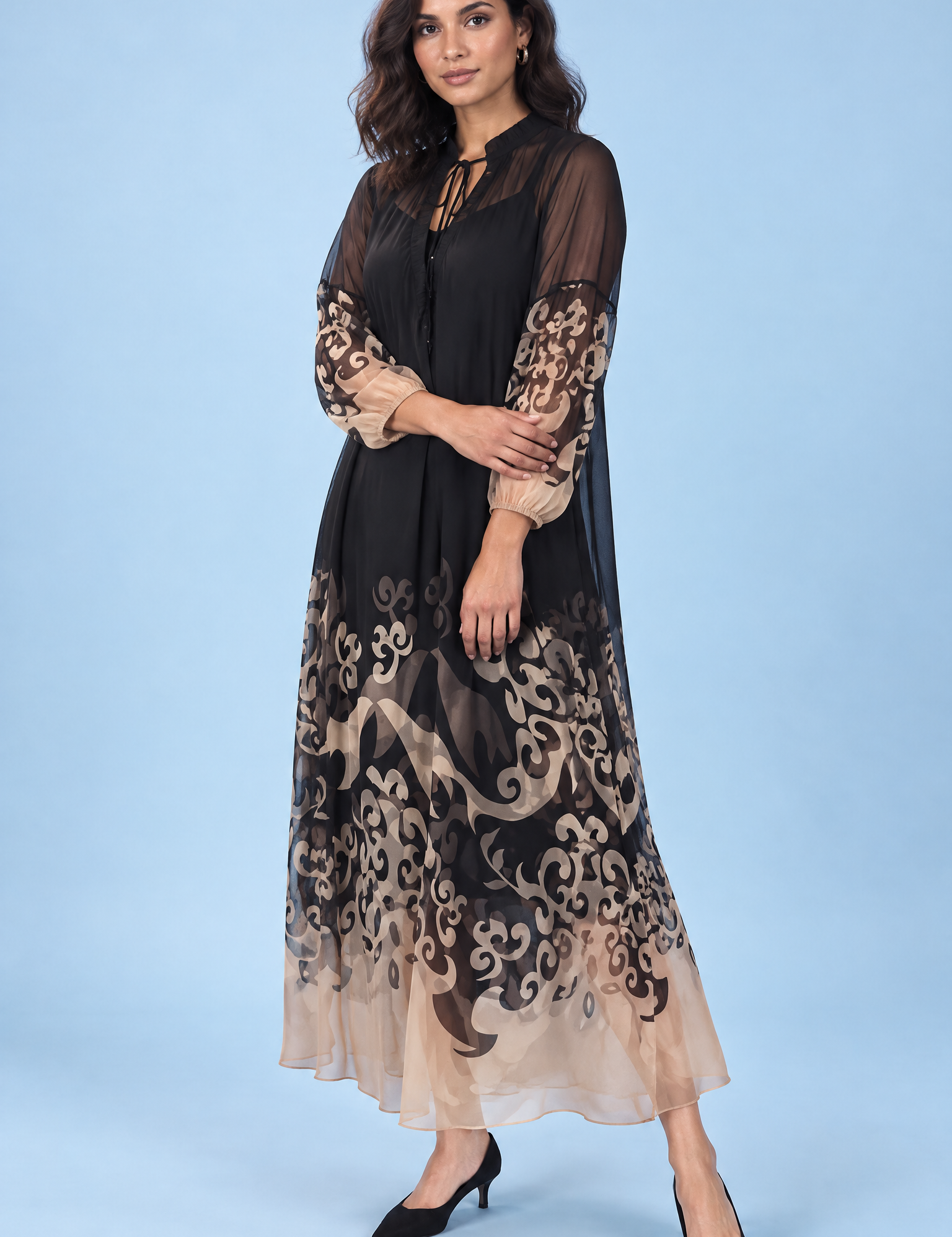 Robe longue noire fluide à manches longues | Vue de face | Lounelle Paris