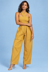 Macacão de Perna Larga com Decote Halter Amarelo-Girassol
