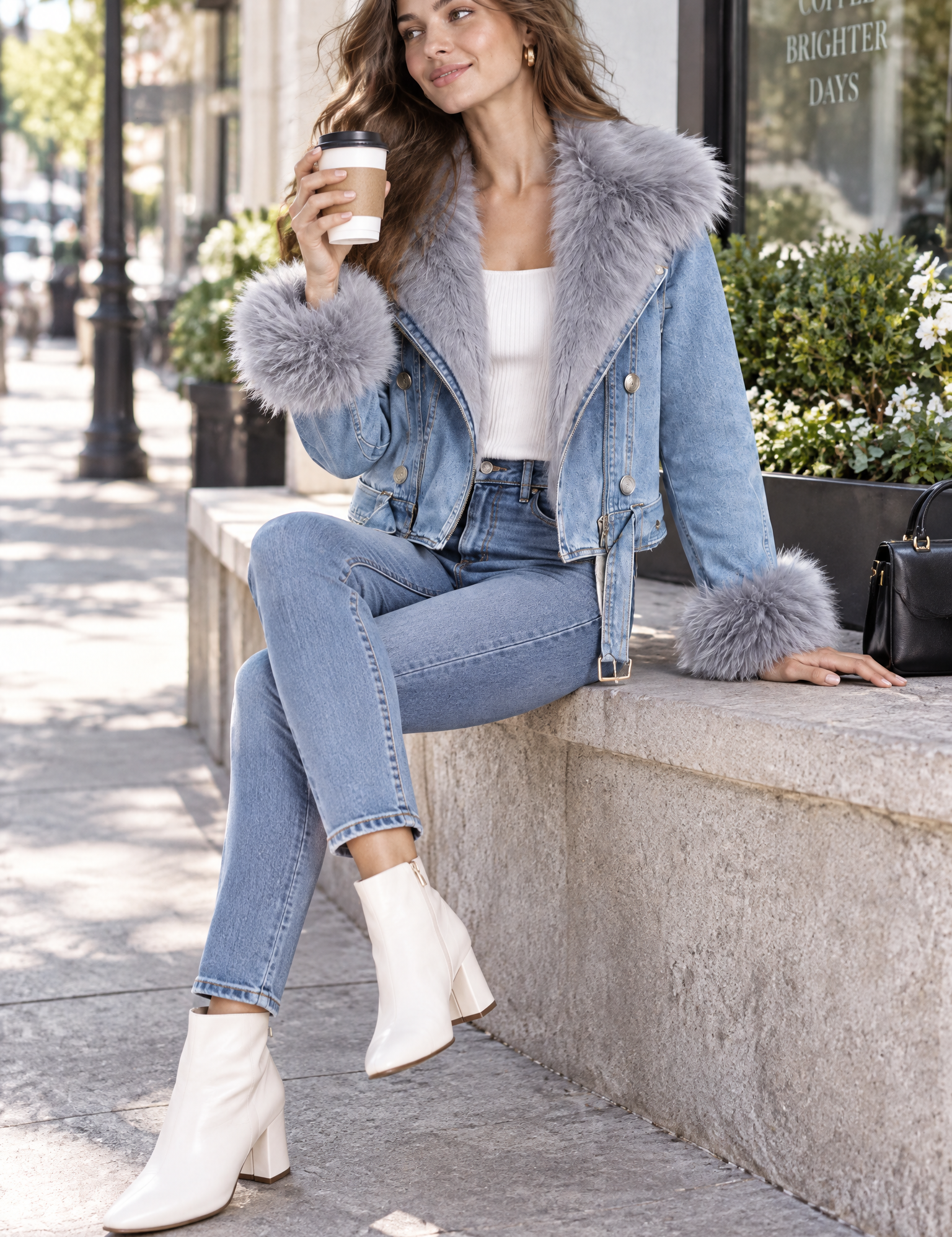 Veste motard courte cintrée à col en fourrure bleue | Photo lifestyle | Lounelle Paris