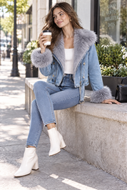 Veste motard courte cintrée à col en fourrure bleue | Photo lifestyle | Lounelle Paris