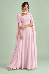 Vestido comprido cor-de-rosa com decote quadrado e mangas-capa