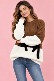 Pull oversize marron à motif chat | Vue rapprochée | Lounelle Paris
