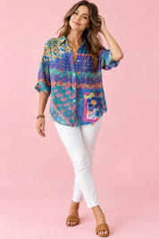 Chemise longue fleurie bleue à col | Vue de face | Lounelle Paris