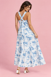 Robe midi blanche à imprimé porcelaine bleu et encolure carrée | Vue de dos | Lounelle Paris