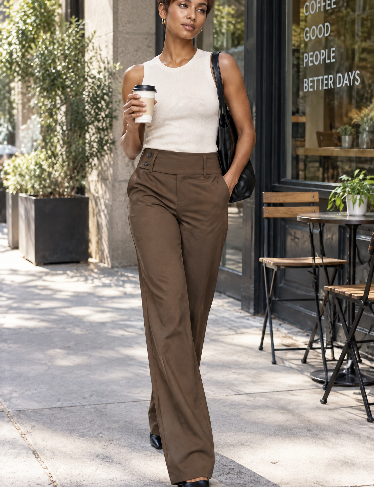 Pantalon marron large à taille basse | Photo lifestyle | Lounelle Paris