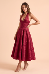 Vestido midi jacquard com decote halter Borgonha