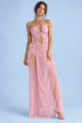 Vestido Comprido Assimétrico com Recortes Rosa