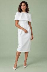 Vestido midi branco justo com decote barco e capa curta