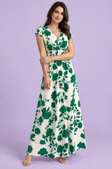 Vestido comprido floral verde com cintura franzida