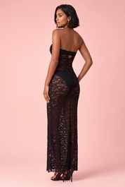 Robe longue noire en dentelle à bandeau avec détail foulard | Vue de dos | Lounelle Paris