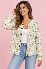 Casaco de malha floral com botões em branco-sujo