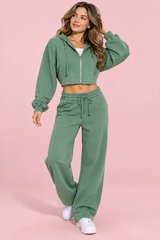 Conjunto de camisola curta com capuz e calças - Verde-sálvia