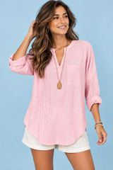 Top às riscas com decote em V em rosa