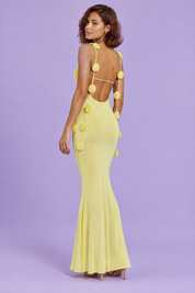 Robe longue jaune ornée d'applications florales | Vue de dos | Lounelle Paris