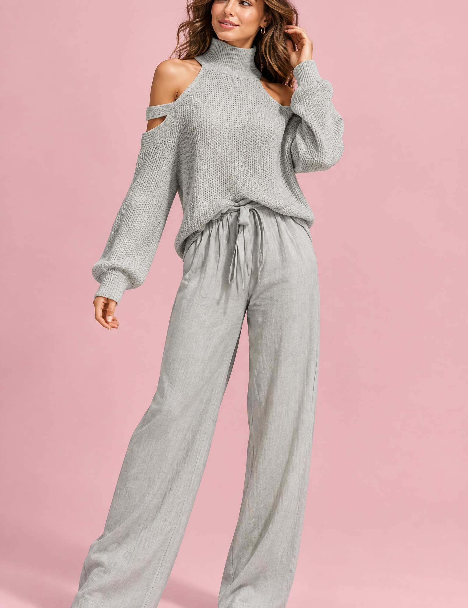 Ensemble pantalon deux pièces oversize gris à découpe | Vue de face | Lounelle Paris
