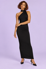 Vestido maxi preto com decote assimétrico e gola