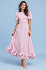 Vestido comprido rosa com mangas balão e folhos