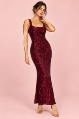 Vestido comprido de lantejoulas bordô