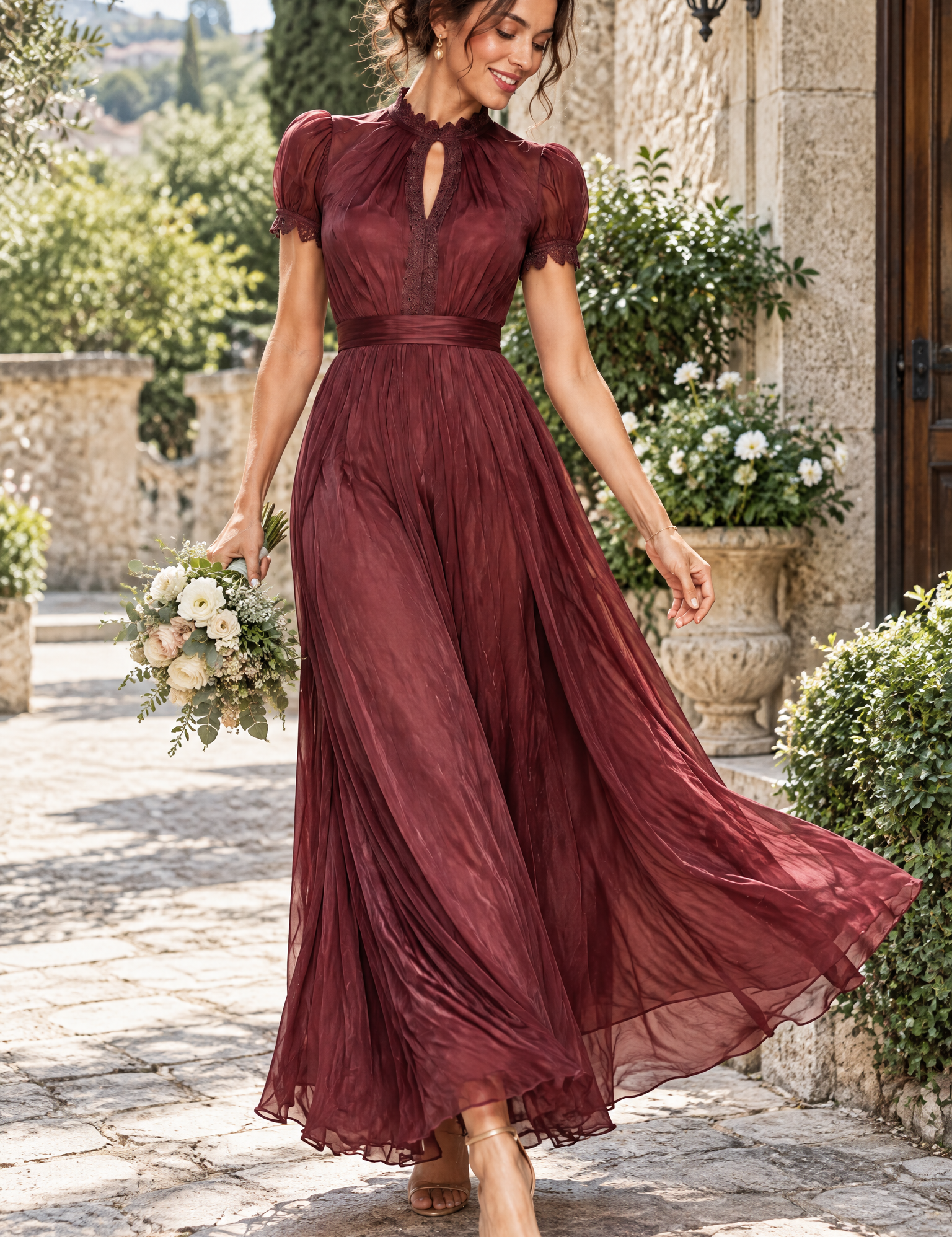 Robe longue bordeaux à volants | Photo lifestyle | Lounelle Paris
