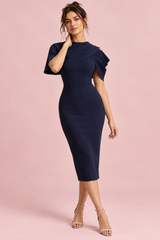 Vestido midi justo Berry com capa drapeada — Azul-marinho