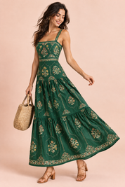 Robe longue vert forêt fleurie à volants | Vue de dos | Lounelle Paris