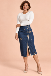 Jupe crayon midi bleue taille haute | Porté sur une autre silhouette | Lounelle Paris