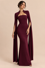 Vestido comprido bordeaux com decote quadrado e mangas-capa