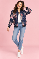 Blusão Bomber Floral Justo Azul-Marinho