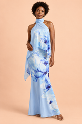 Vestido comprido azul assimétrico com flores