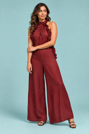 Robe longue rouge brique à volants et encolure américaine | Porté sur une autre silhouette | Lounelle Paris