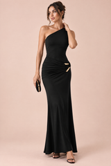 Vestido comprido acetinado preto de um ombro e costas descobertas