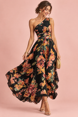 Vestido floral preto de um ombro só