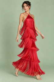 Robe longue rouge dos nu à franges superposées | Vue en mouvement | Lounelle Paris