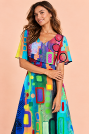 Robe longue bleue à col V | Vue rapprochée | Lounelle Paris