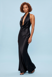 Robe longue sirène noire dos nu à col bénitier | Vue de face | Lounelle Paris