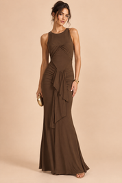 Robe longue marron drapée à découpe | Vue de face | Lounelle Paris