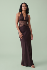 Vestido maxi castanho-escuro com renda e decote halter