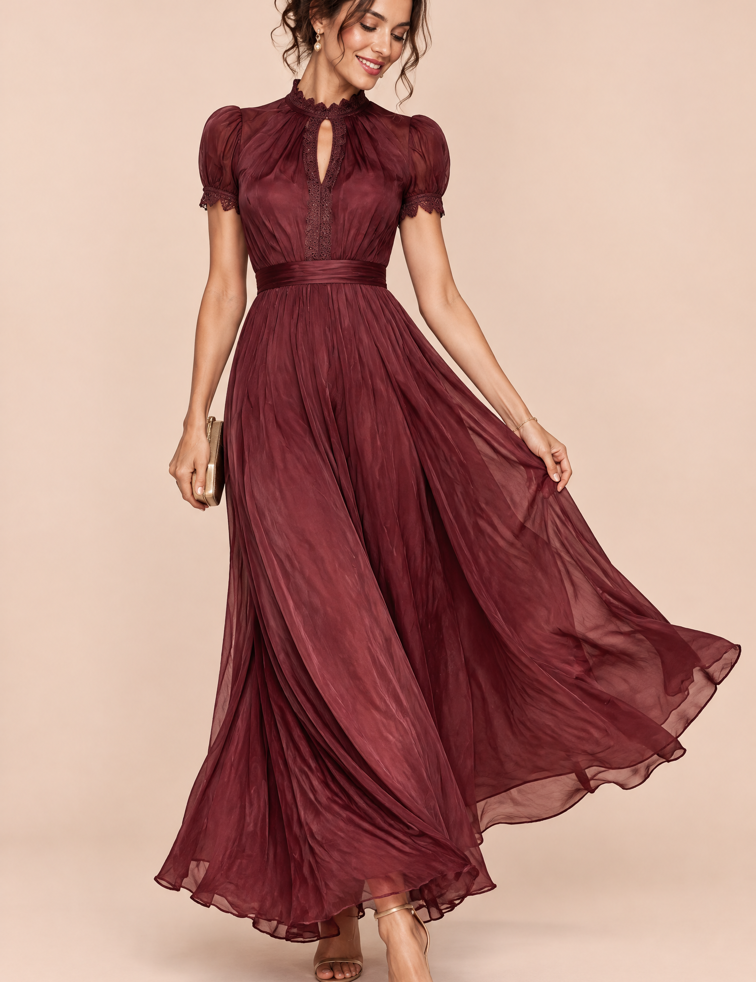 Robe longue bordeaux à volants | Vue de face | Lounelle Paris