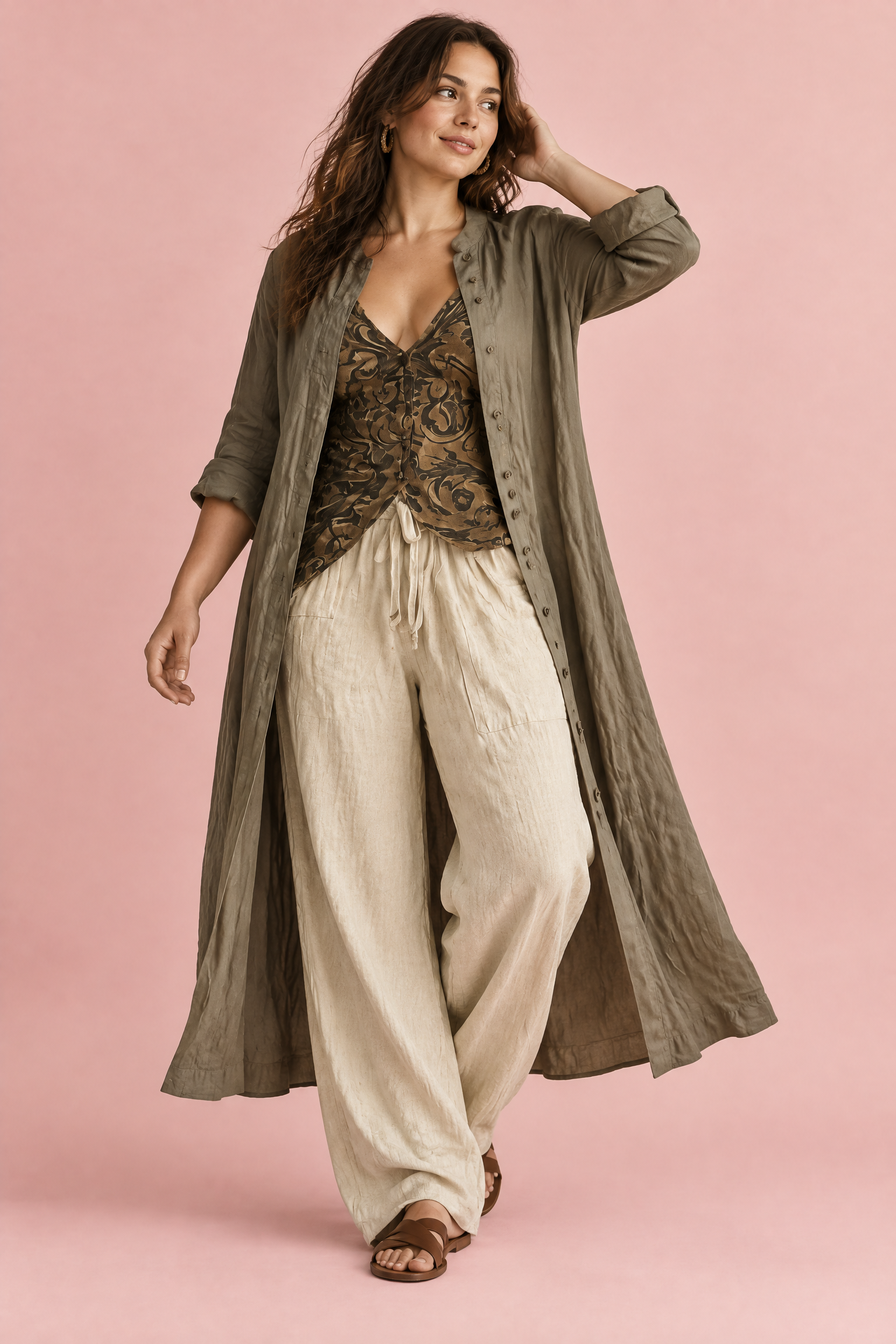 Ensemble olive rayé fluide | Porté sur une autre silhouette | Lounelle Paris