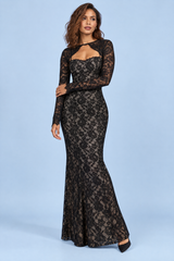 Vestido comprido preto de renda com decote em coração