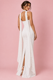 Robe longue moulante blanche en dentelle, bustier avec détail foulard | Vue de dos | Lounelle Paris
