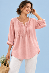 Blusa cor-de-rosa de algodão com decote redondo e pregas