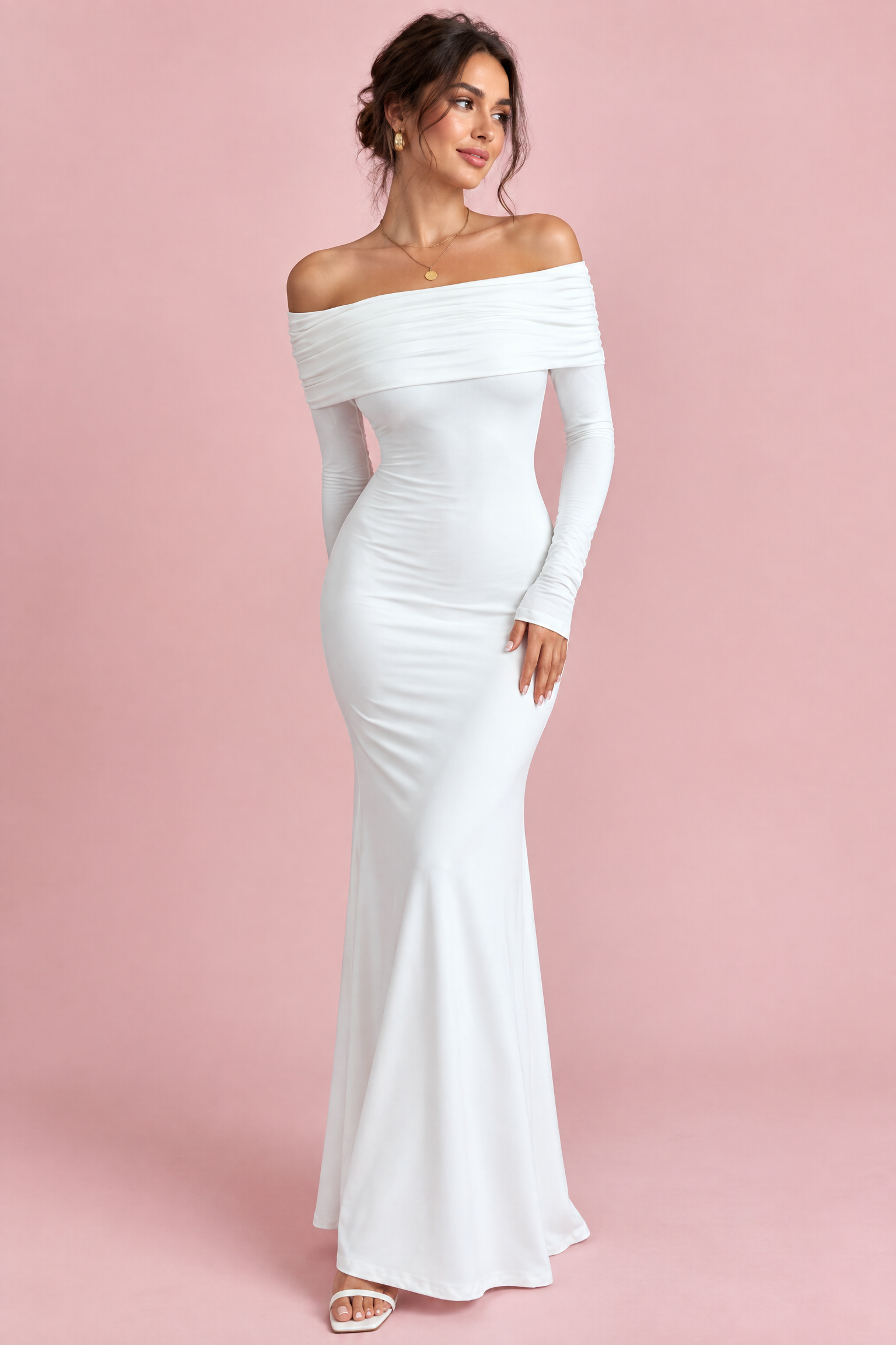 Robe longue blanche asymétrique à fronces et drapé | Vue de face | Lounelle Paris
