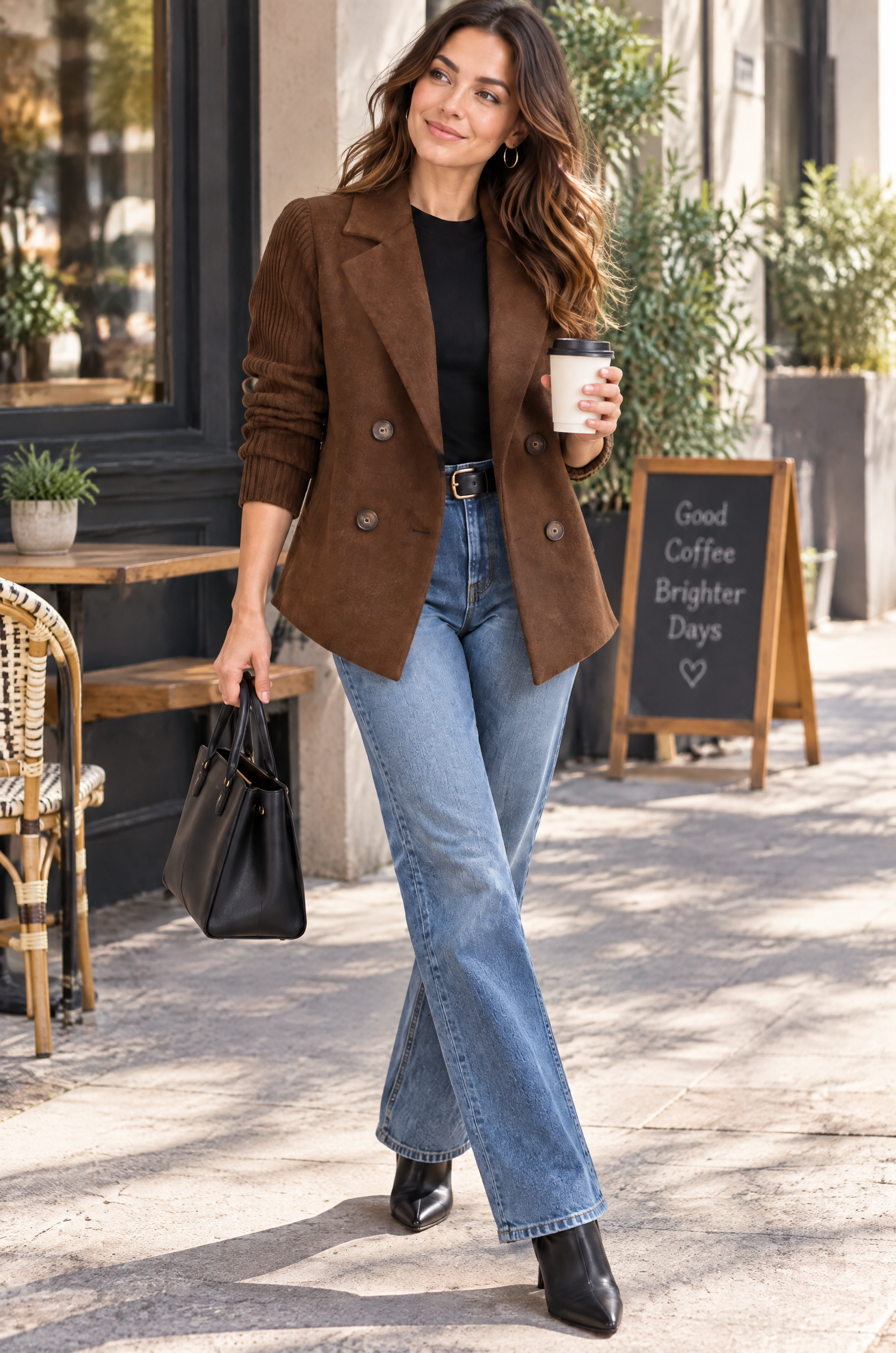Blazer marron foncé croisé à revers | Photo lifestyle | Lounelle Paris
