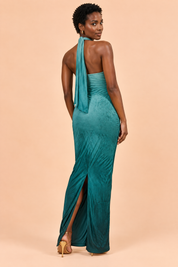 Robe longue turquoise dégradée à col américain avec détail bleu canard | Vue de dos | Lounelle Paris