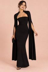 Vestido comprido preto justo com decote quadrado