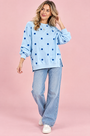 Sweat-shirt oversize bleu à pois | Vue de face | Lounelle Paris