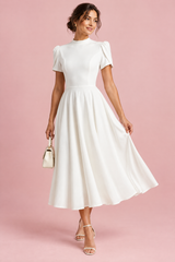 Vestido midi branco com gola redonda e mangas balão