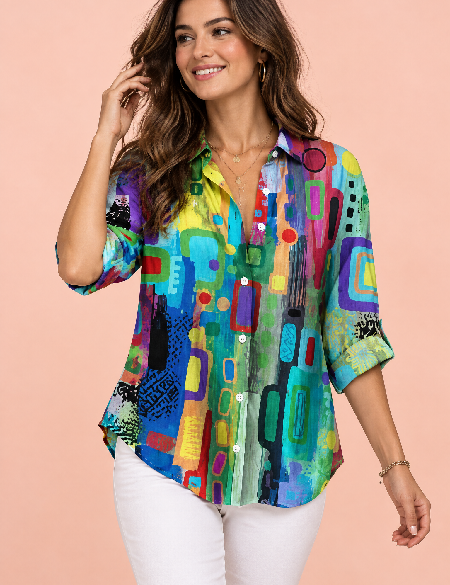 Chemise longue fleurie verte à col | Vue de face | Lounelle Paris