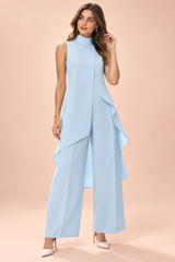 Conjunto azul de calças fluidas, sem mangas e de gola alta